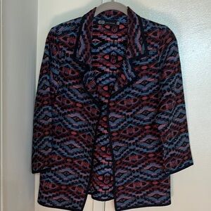 Red and Blue Geometric Pattern Blazer with Open Front